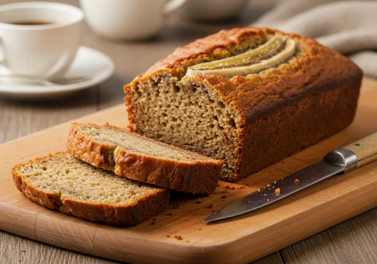 baked, golden-brown banana bread loaf sliced on a wooden cutting board, with a cozy kitchen background and soft lighting.