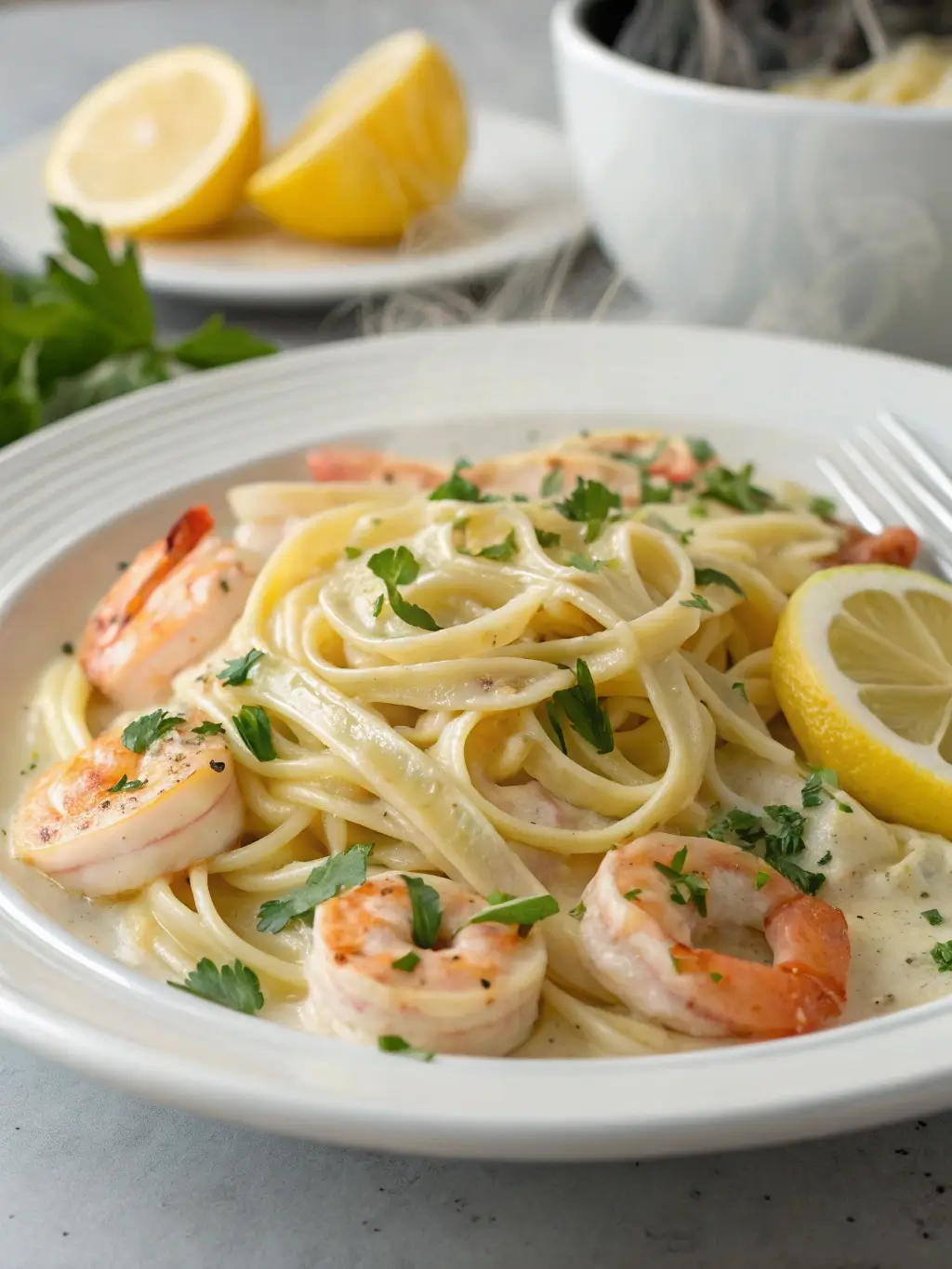 Quick dinner garlic butter shrimp pasta served with lemon and parsley