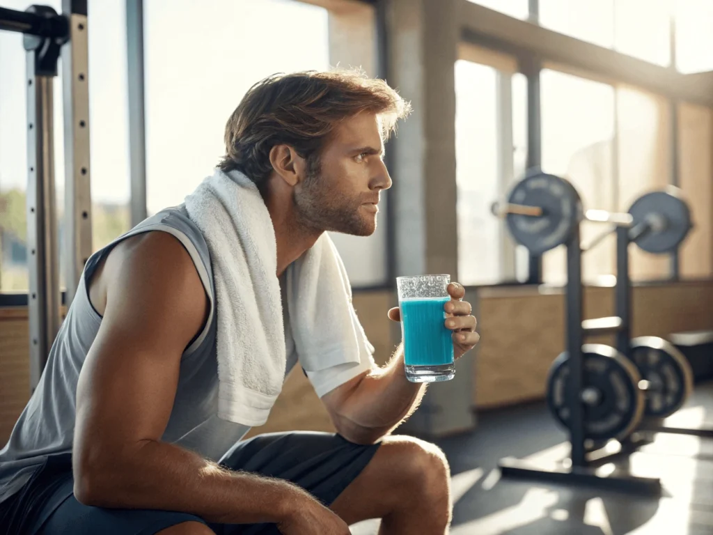 man drinking blue salt trick recipe after workout