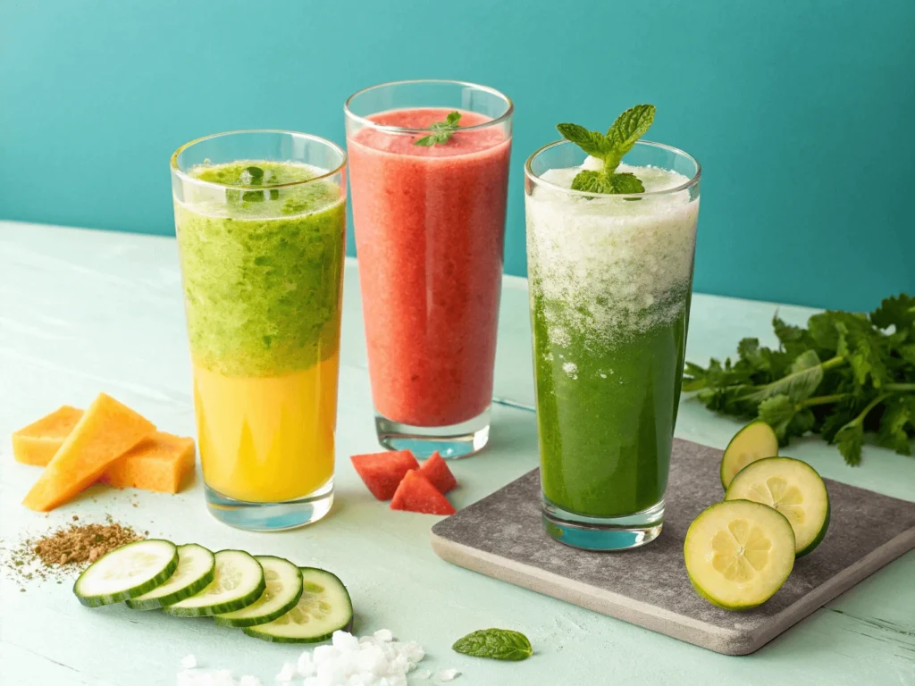 blue salt drink recipe variations with watermelon, turmeric, and coconut