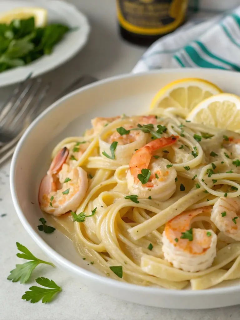 Quick dinner shrimp pasta with garlic butter and parsley garnish