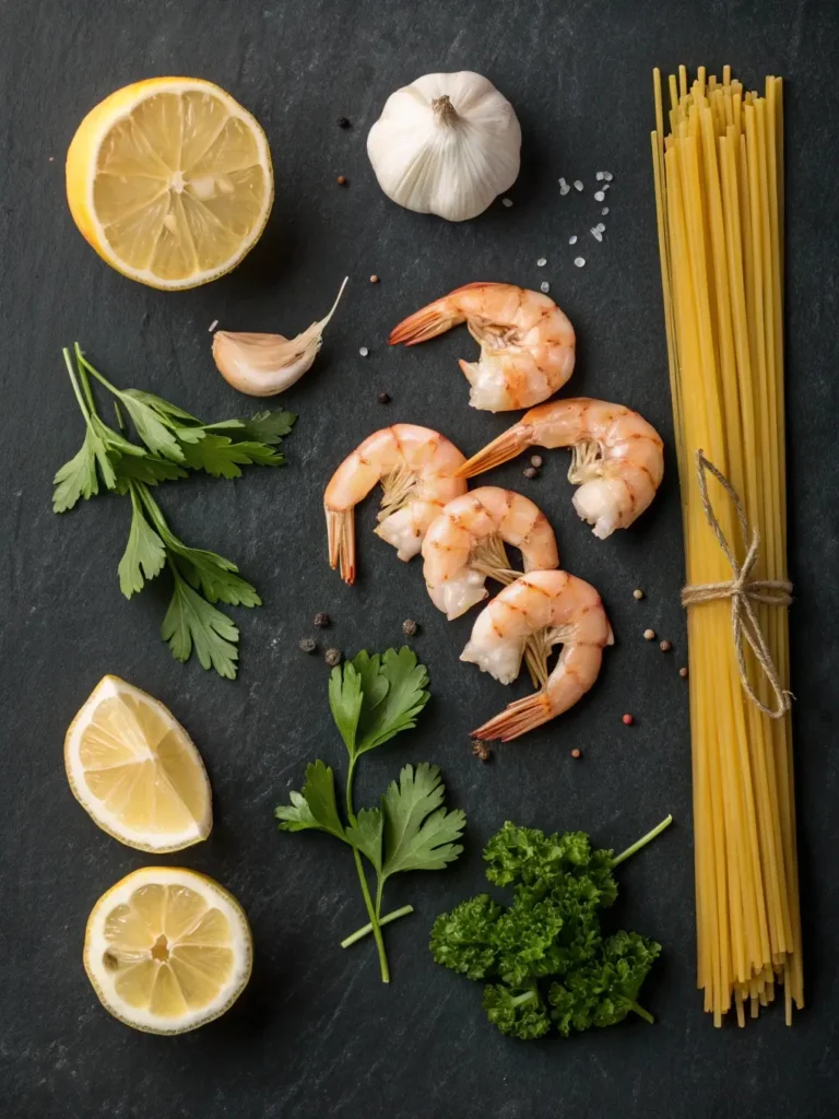 Ingredients for shrimp pasta quick dinner with garlic, lemon, and parsley