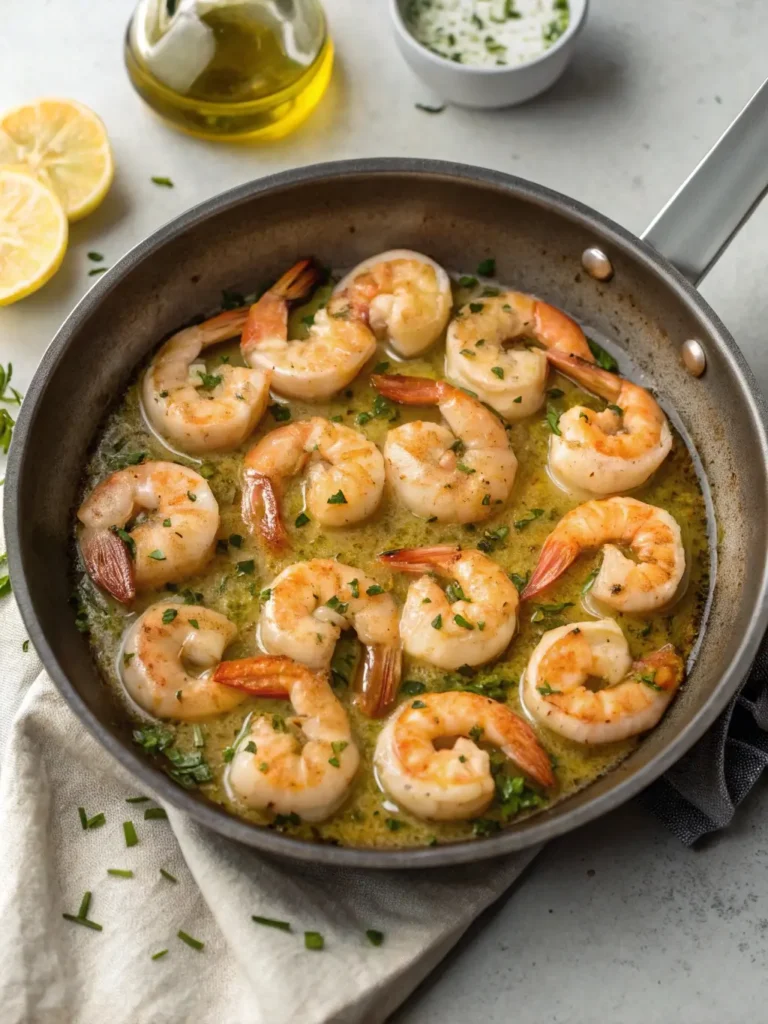 Shrimp cooking in garlic butter for a quick dinner pasta recipe