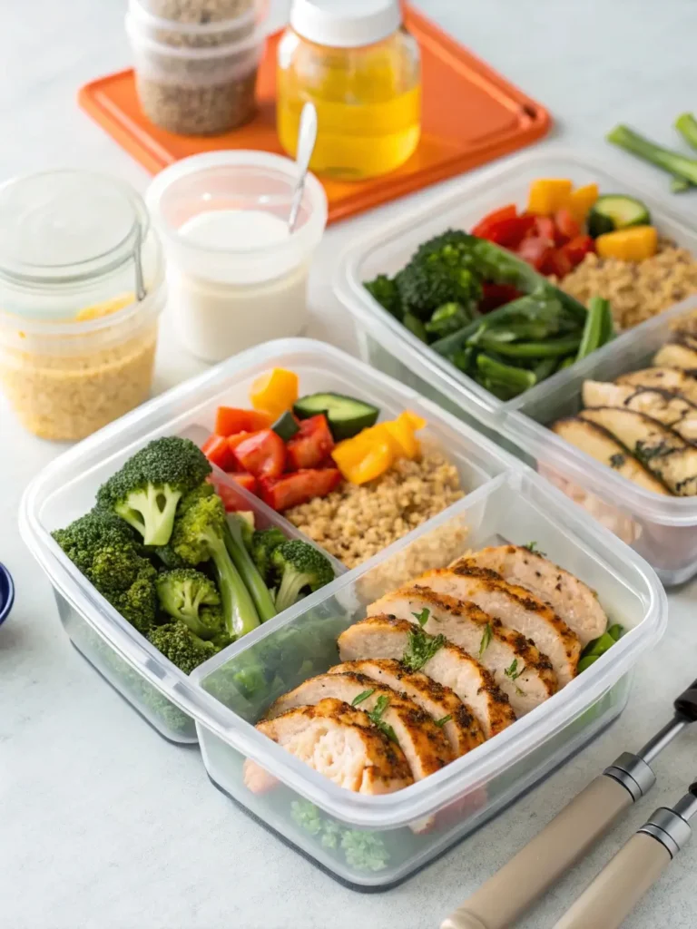 Quick dinner meal prep with grilled chicken and veggies in containers