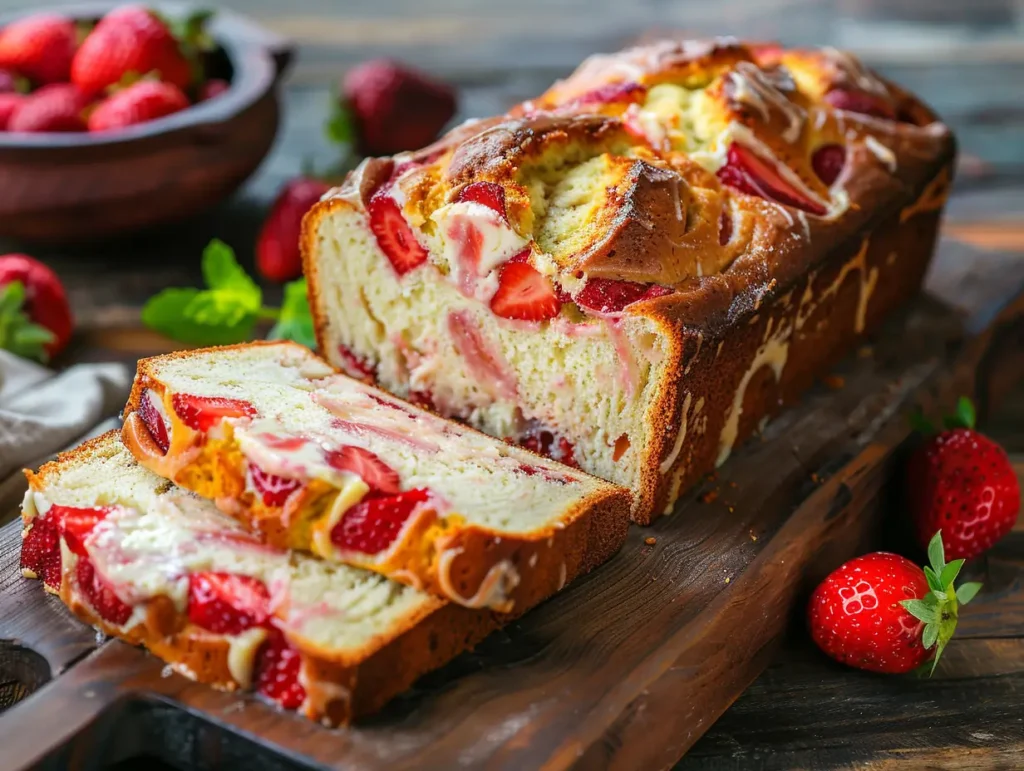 A sliced loaf of strawberry cheesecake bread on a wooden cutting board with cream cheese swirl and fresh strawberries.