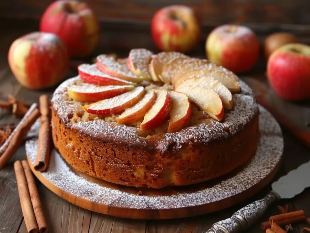 A freshly baked apple cream cake topped with apple slices and powdered sugar, set on a rustic wooden table with cinnamon sticks and fresh apples.