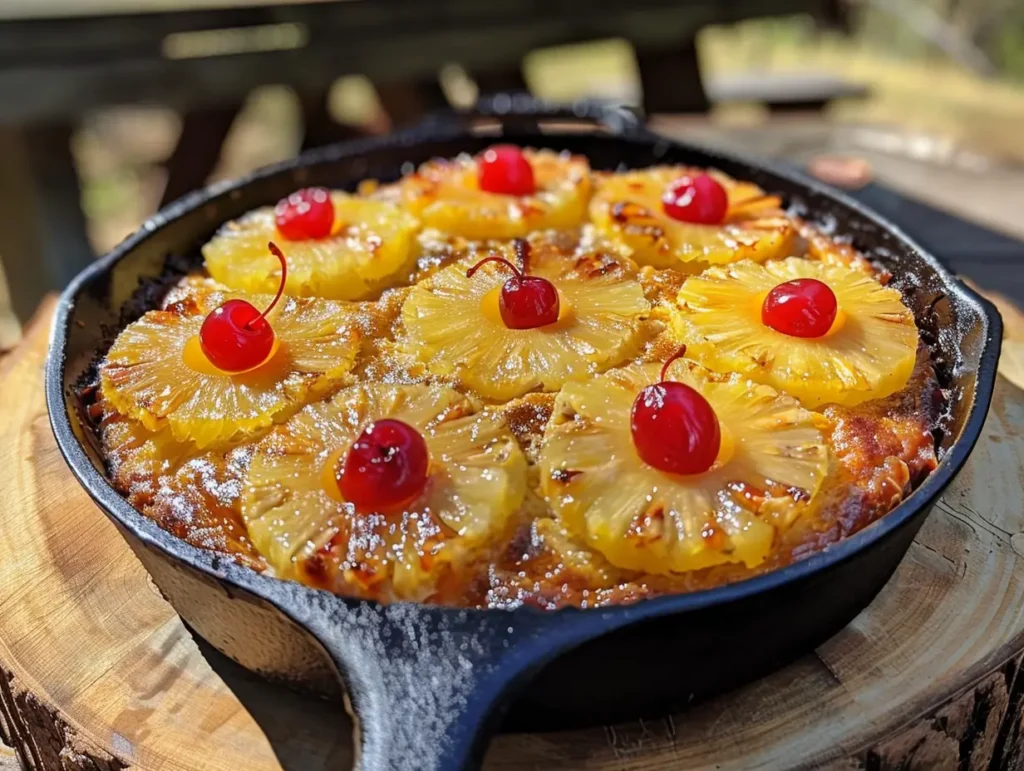 Freshly baked pineapple upside down cake in a cast iron skillet topped with caramelized pineapple rings and maraschino cherries