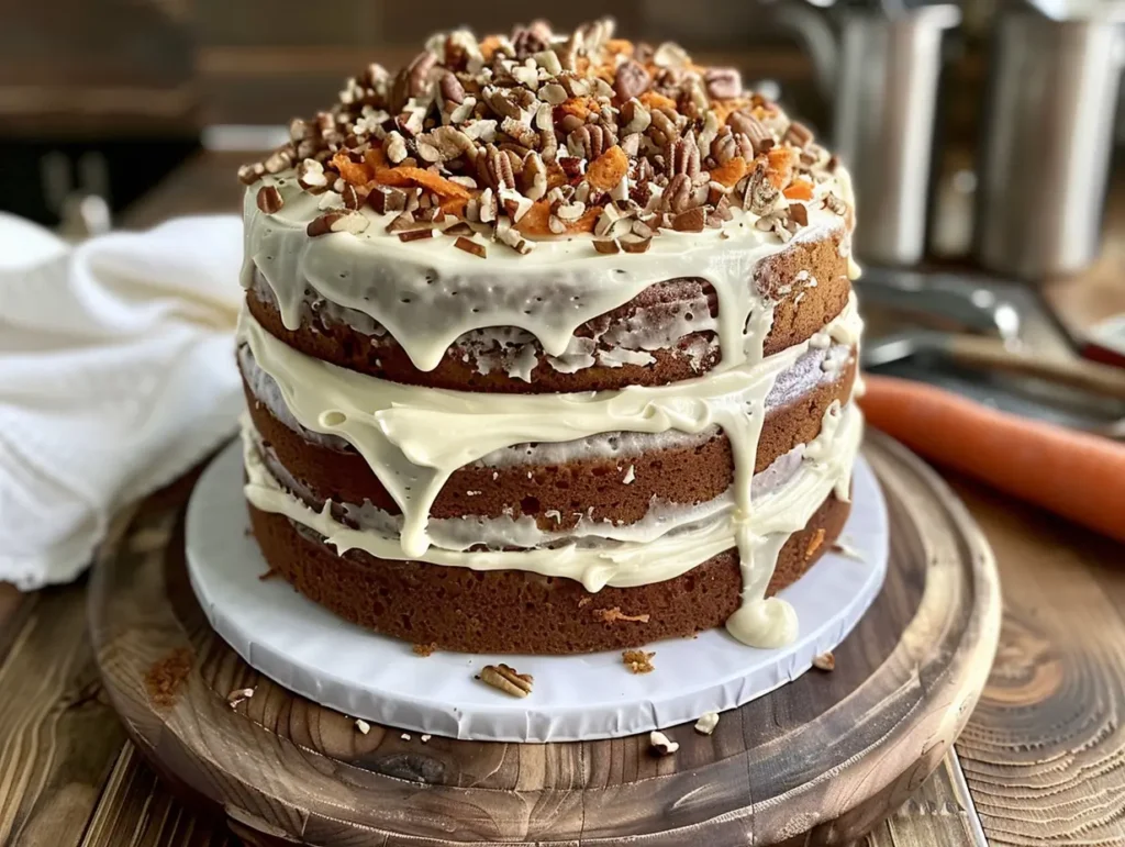 Award-winning carrot cake with cream cheese frosting and chopped nuts, styled on a rustic wooden table.