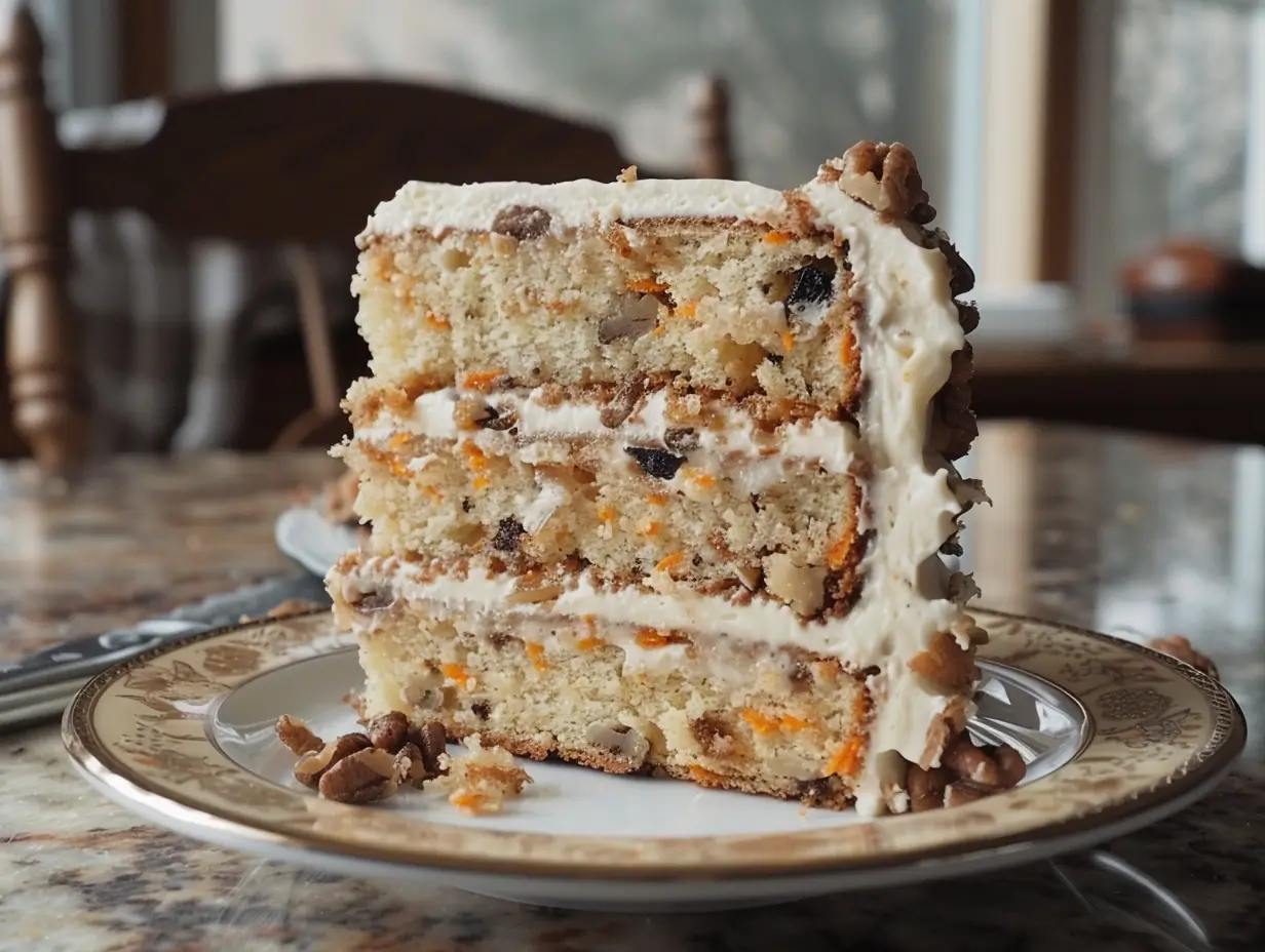 A close-up of a moist Silver Palate carrot cake slice with cream cheese frosting on a vintage plate and wooden table