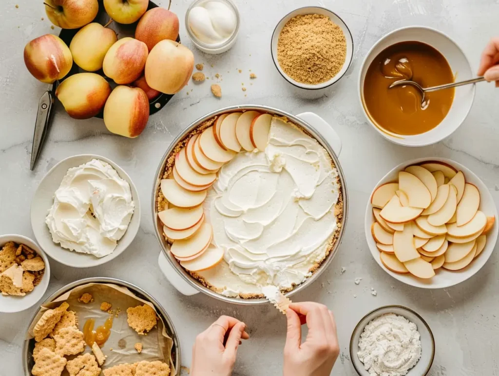Top-down view of ingredients for cheesecake caramel apple recipe with hands preparing crust