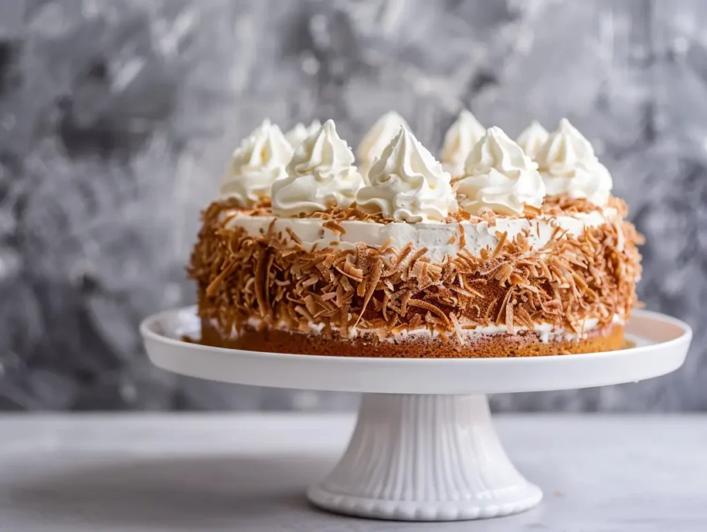 A finished snow cake topped with whipped cream and coconut — recipe for snow cake