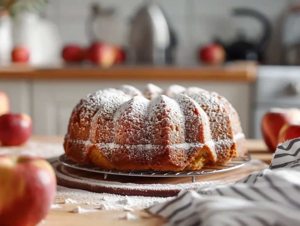A moist, rustic Amish apple cake dusted with powdered sugar, sitting on a wooden table with apples and kitchen linens.