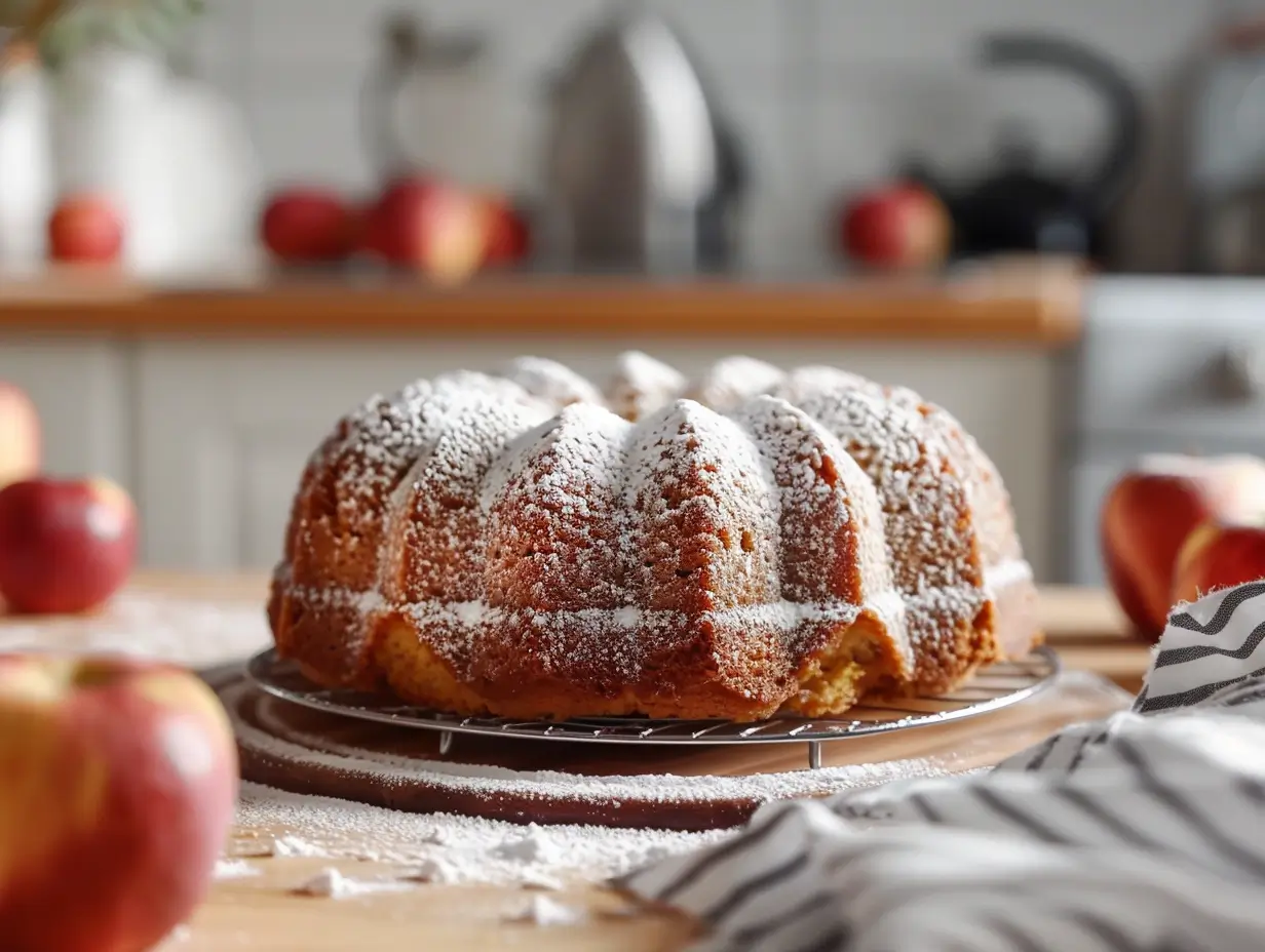 A moist, rustic Amish apple cake dusted with powdered sugar, sitting on a wooden table with apples and kitchen linens.