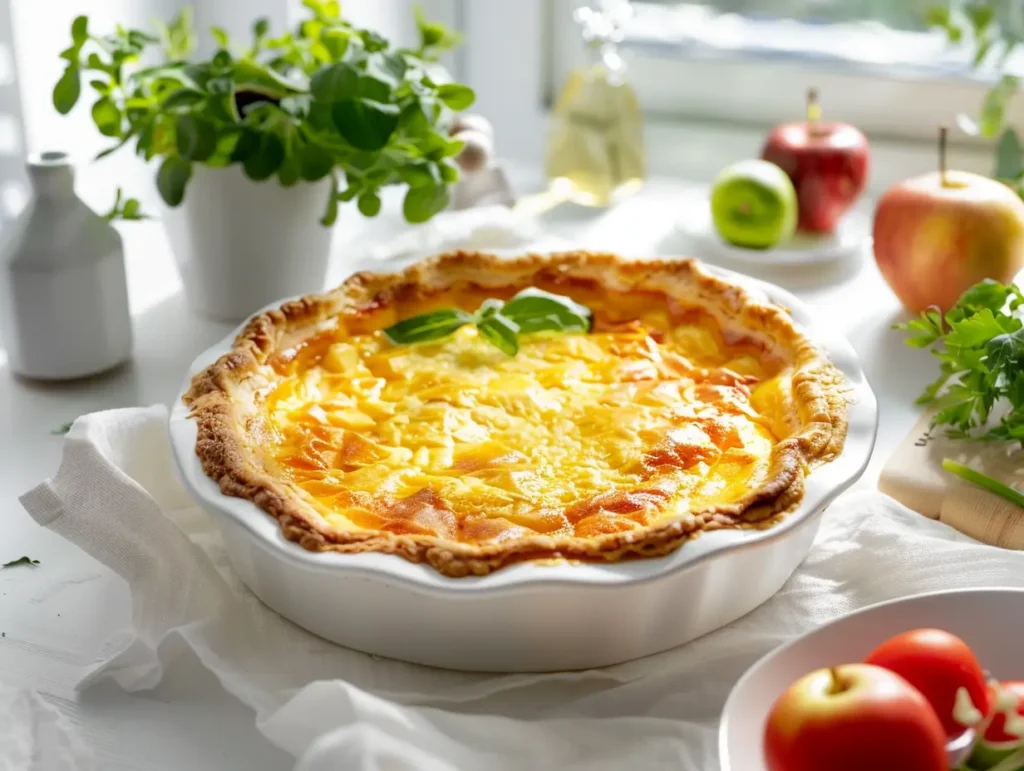 Freshly baked apple cobbler in a white baking dish with golden topping, surrounded by fall decor