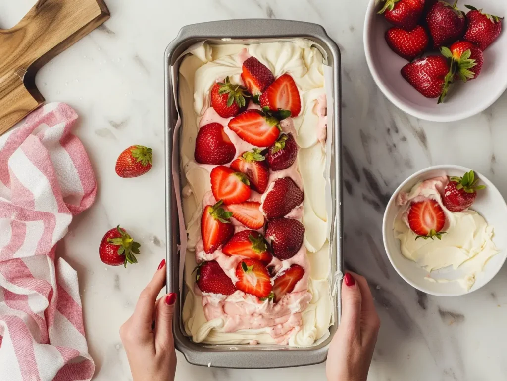 Layered batter and cream cheese filling with strawberries being prepared in a loaf pan for strawberry cheesecake bread.