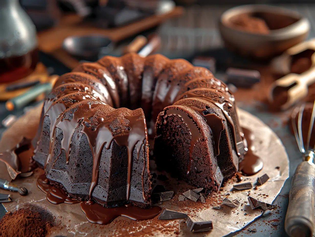 A rich, moist devil’s food pound cake sliced and drizzled with glossy chocolate ganache, placed on a rustic wooden board with cocoa and baking tools.