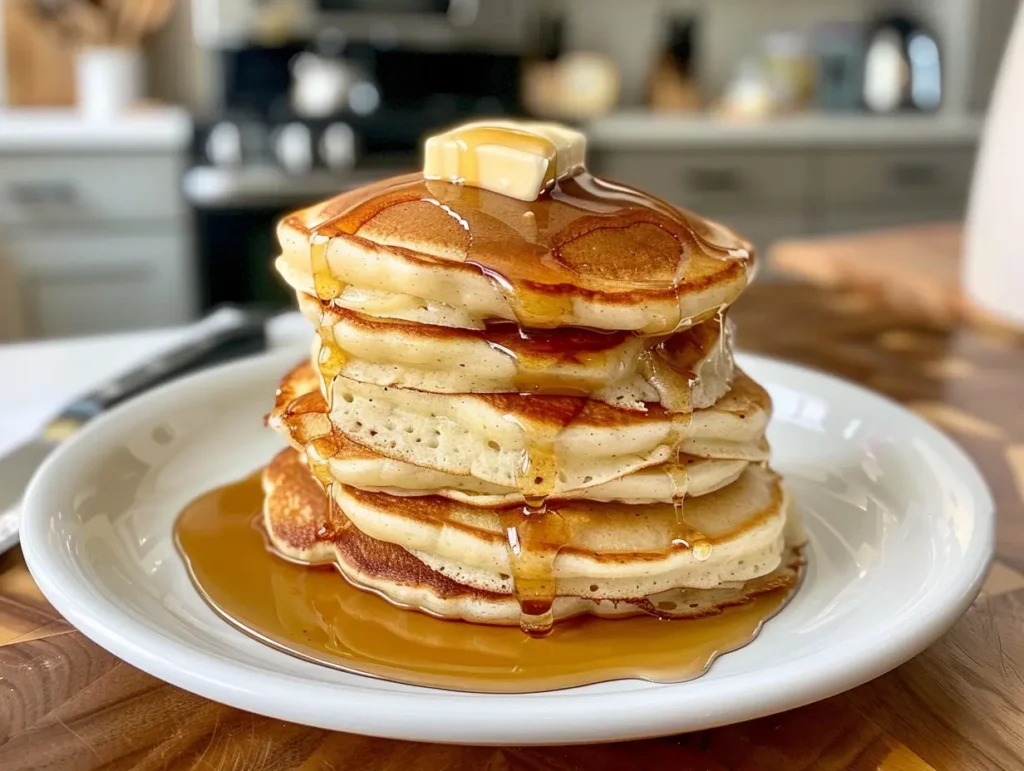 A stack of Pete’s Scratch Pancakes with butter melting on top and maple syrup dripping down, on a white plate.