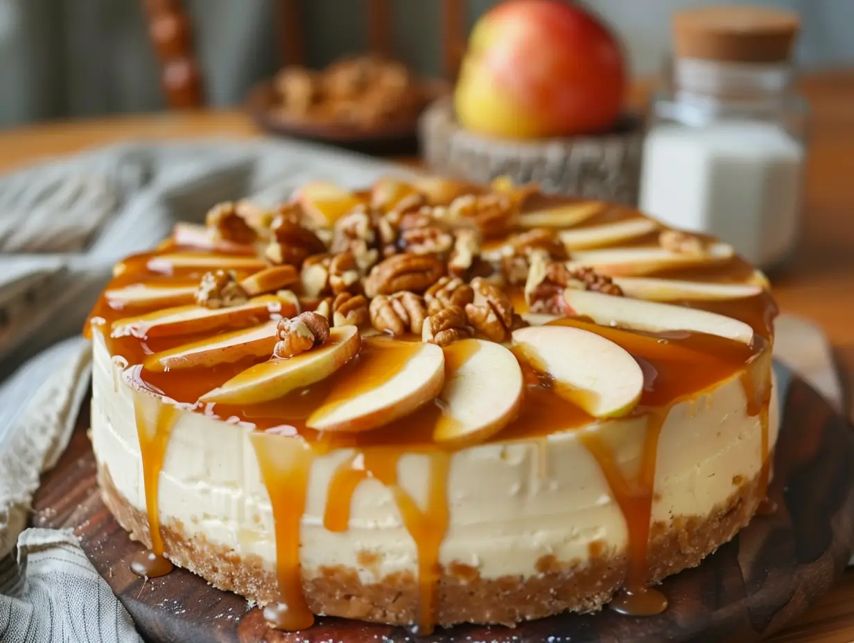 Whole cheesecake caramel apple topped with caramel and pecans on a rustic wooden table