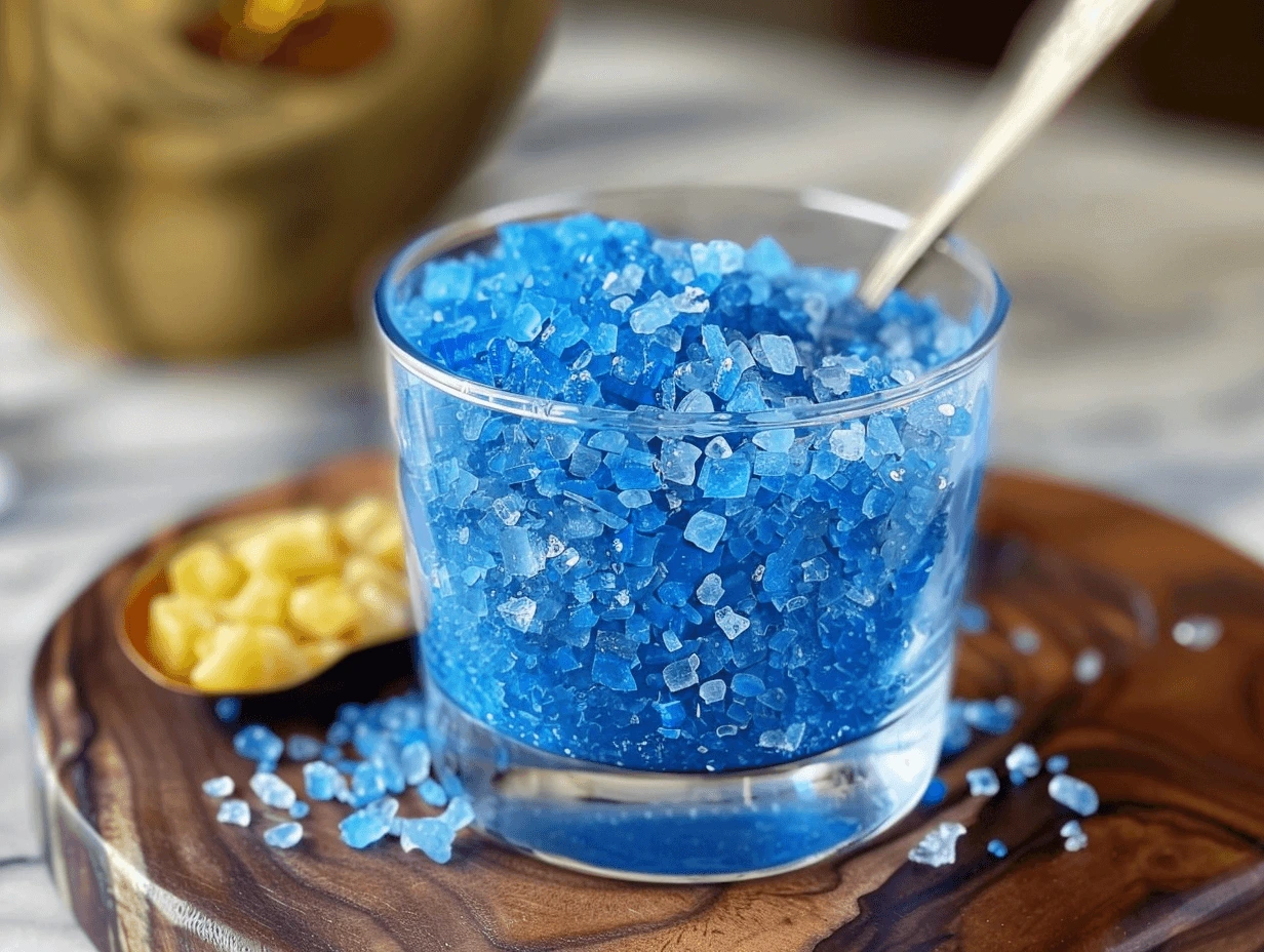 blue salt trick recipe in a clear glass on wooden table